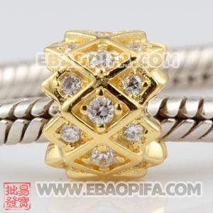 菱形锆石圆珠 潘多拉风格真金18K电镀表面 925纯银珠子 欧洲珠 大孔珠