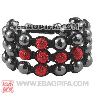 3 Row Red Czech Crystal Cross Inspired String Bracelet With Faceted Hematite Beads