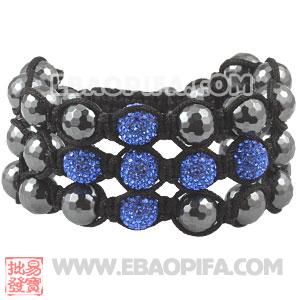 3 Row Blue Czech Crystal Cross Inspired String Bracelet With Faceted Hematite Beads