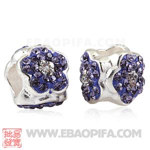 紫钻花朵银珠 进口奥地利水钻镶钻 潘多拉风格 925纯银珠子