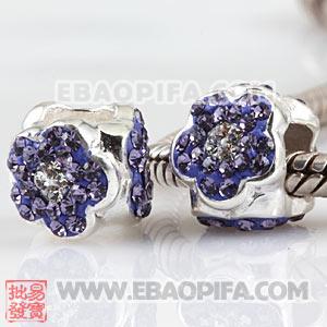 紫钻花朵银珠 进口奥地利水钻镶钻 潘多拉风格 925纯银珠子