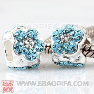 蓝钻花朵银珠 进口奥地利水钻镶钻 潘多拉风格 925纯银珠子