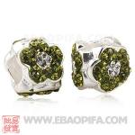 绿钻花朵银珠 批发进口奥地利水钻镶钻 潘多拉风格 925纯银珠子