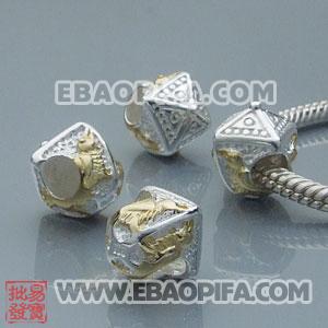 镀金三角形花纹珠子 潘多拉风格真金18K电镀表面 925纯银珠子 欧洲珠 大孔珠