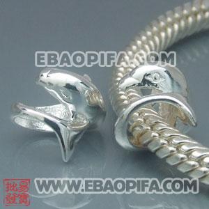 海豚珠子 银白色925纯银珠子 素银珠