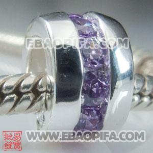 紫色锆石银珠子 镶锆石925纯银珠子 欧洲珠