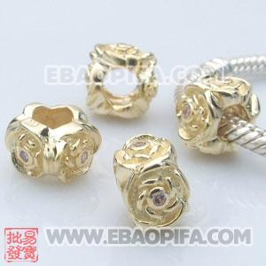 镀金玫瑰花朵珠子 潘多拉风格真金18K电镀表面 925纯银珠子 欧洲珠 大孔珠