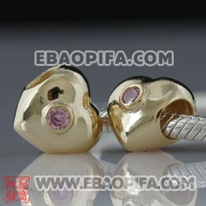 心形镶锆石珠子 潘多拉风格真金18K电镀表面 925纯银珠子 欧洲珠 大孔珠