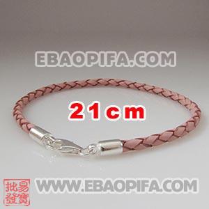 21cm 粉色麻花皮绳 925纯银龙虾扣