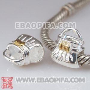 镀金蝴蝶结手袋珠子 潘多拉风格真金18K电镀表面 925纯银珠子 欧洲珠 大孔珠