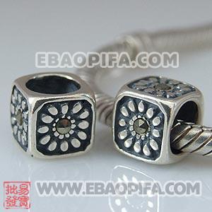 花朵方形银珠 镶锆石925纯银珠子 欧洲珠