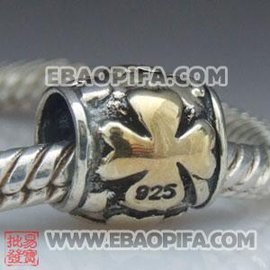 四叶草花朵圆珠子 潘多拉风格真金18K电镀表面 925纯银珠子 欧洲珠 大孔珠