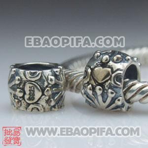 爱心花朵银珠 潘多拉风格真金18K电镀表面 925纯银珠子 欧洲珠 大孔珠