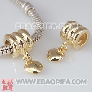 镀金心形珠子 潘多拉风格真金18K电镀表面 925纯银珠子 欧洲珠 大孔珠
