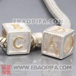 镀金字母方形珠子 潘多拉风格真金18K电镀表面 925纯银珠子 欧洲珠 大孔珠