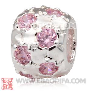 镶粉色锆石圆珠子 镶锆石925纯银珠子 欧洲珠