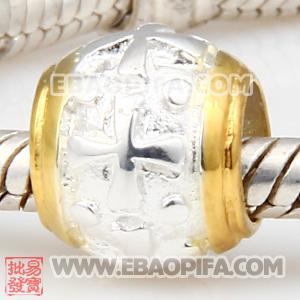 镀金环十字珠子 潘多拉风格真金18K电镀表面 925纯银珠子 欧洲珠 大孔珠