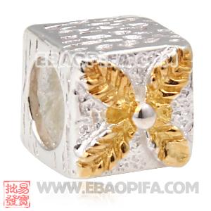 方形叶子银珠 潘多拉风格真金18K电镀表面 925纯银珠子 欧洲珠 大孔珠