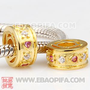 镀金心形珠子 潘多拉风格真金18K电镀表面 925纯银珠子 欧洲珠 大孔珠