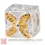 方形叶子银珠 潘多拉风格真金18K电镀表面 925纯银珠子 欧洲珠 大孔珠