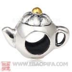 茶壶银珠 潘多拉风格真金18K电镀表面 925纯银珠子 欧洲珠 大孔珠