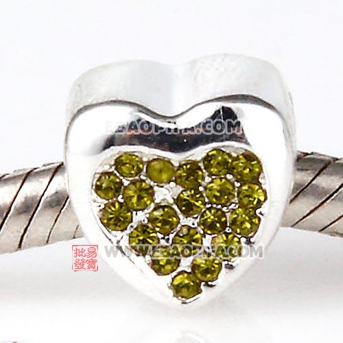 心型镶钻珠子 橄榄绿心型925纯银珠子