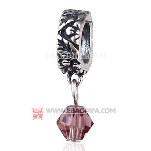 厂家生产直销花款图案925纯银吊坠珠子浅酒红色水晶