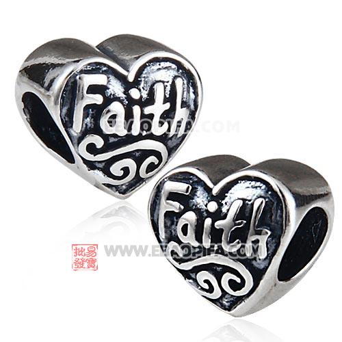 心形faith图案925纯银珠子 厂家直销生产批发 欧美大牌饰品