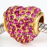 批发进口奥地利紫红水钻镶钻 潘多拉风格 18K真金电镀心形925纯银珠子