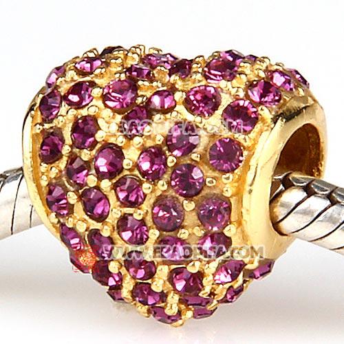 批发进口奥地利紫色水钻镶钻 潘多拉风格 18K真金电镀心形925纯银珠子