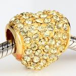批发进口奥地利淡黄水钻镶钻 潘多拉风格 18K真金电镀心形925纯银珠子