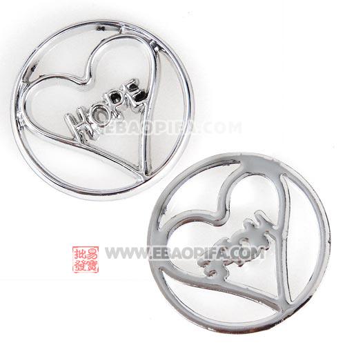 厂家直销Lockets charm 批发直径22mm心形HOPE银白圆片