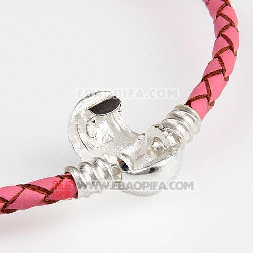 粉红色22cm进口皮绳圆形925纯银扣头手链批发 厂家直销