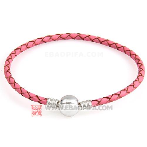 粉红色22cm进口皮绳圆形925纯银扣头手链批发 厂家直销