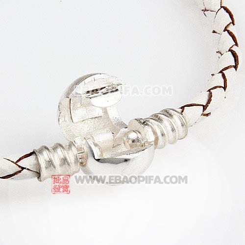 珍珠白18cm进口皮绳圆形925纯银扣头手链批发 厂家直销