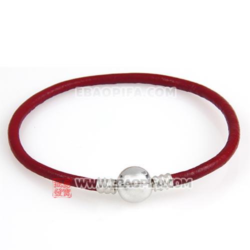 红色21cm牛皮绳圆形925纯银扣头手链批发 厂家直供销售