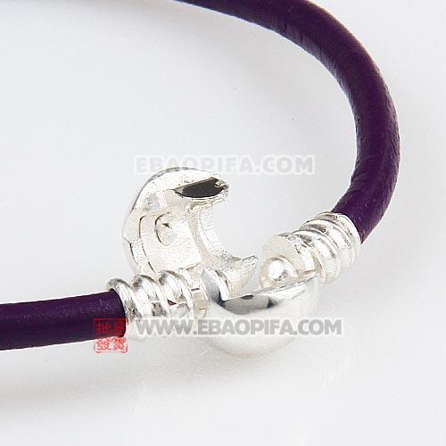 紫色20cm牛皮绳圆形925纯银扣头手链批发 厂家直供销售