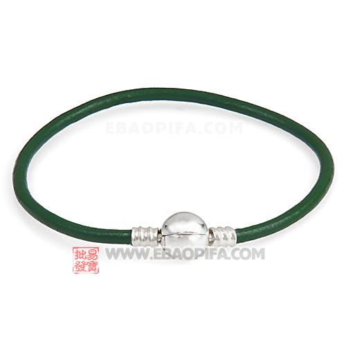 绿色19cm牛皮绳圆形925纯银扣头手链批发 厂家直供销售