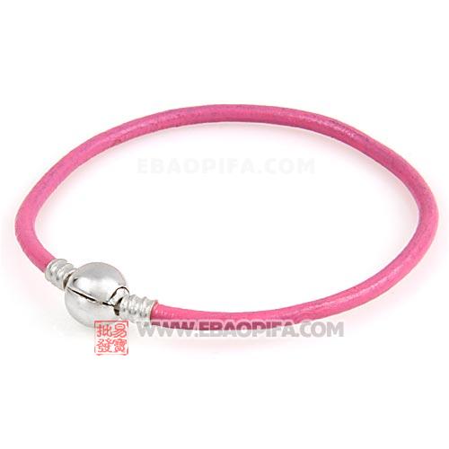 粉色18cm牛皮绳圆形925纯银扣头手链批发 厂家直供销售