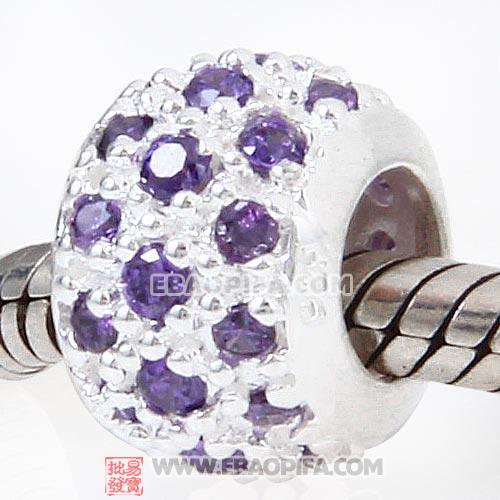 紫锆石圆形珠子 镶锆石925纯银珠子 欧洲珠
