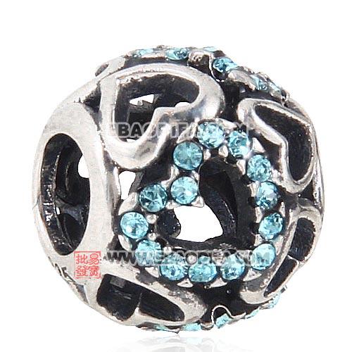 海蓝奥钻镂空心形圆形925纯银珠子