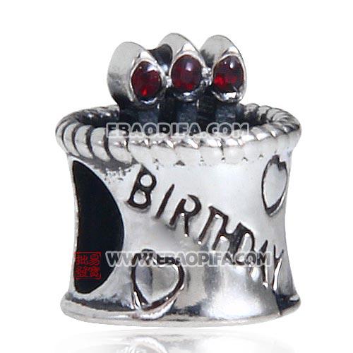 红色奥钻点蜡烛生日蛋糕心形图案925纯银珠子