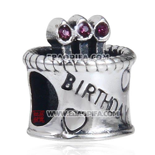 紫色奥钻点蜡烛生日蛋糕心形图案925纯银珠子