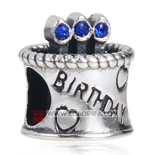 蓝色奥钻点蜡烛生日蛋糕心形图案925纯银珠子