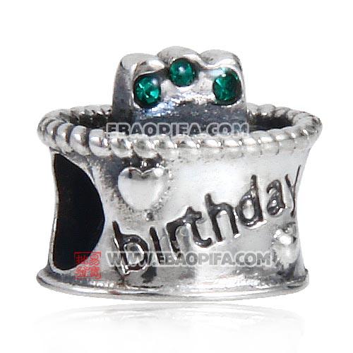绿色奥钻点蜡烛生日蛋糕心形图案925纯银珠子