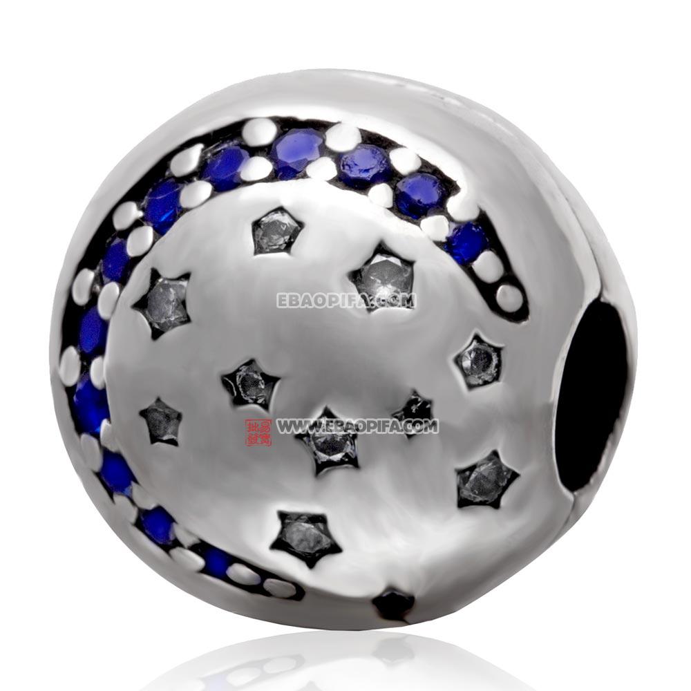 白色锆石星星蓝色锆石月亮925纯银珠子定位扣