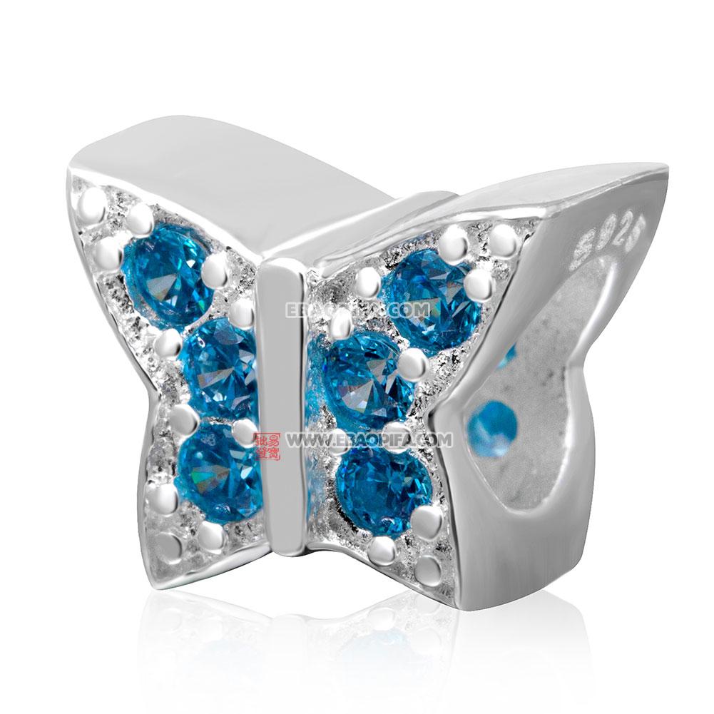 蝴蝶珠子 镶海蓝锆石925纯银珠子 欧洲珠