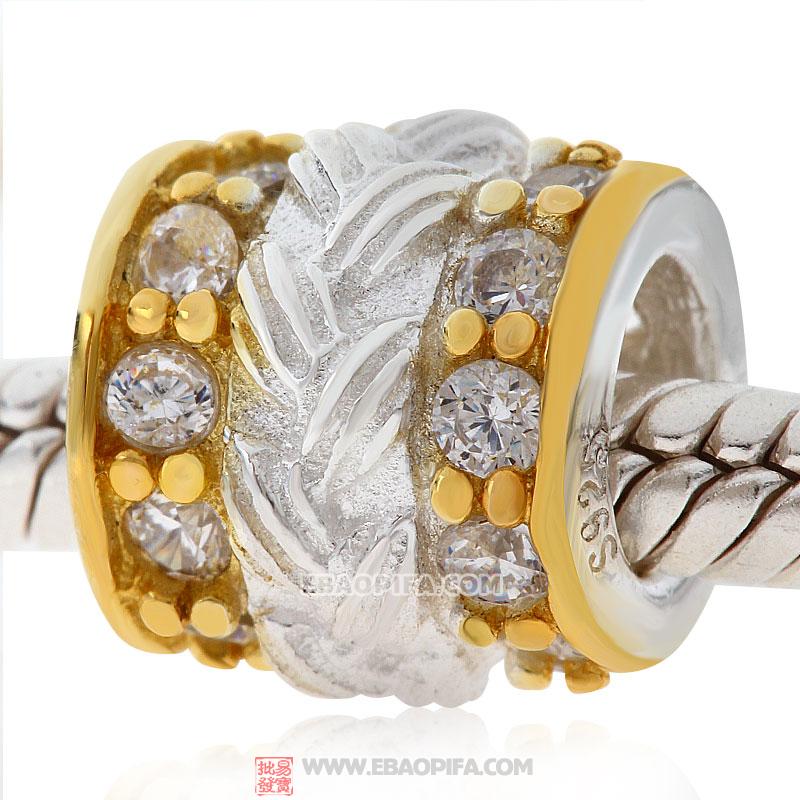镀金花纹珠子 潘多拉风格真金18K电镀表面 925纯银珠子 欧洲珠 大孔珠